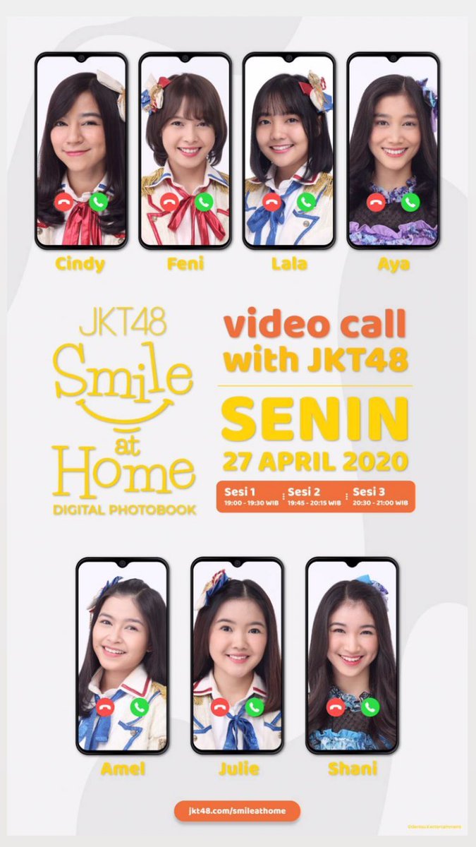 (INFO) Jangan lewatkan #JKT48SmileatHome
Senin 27 April 2020.
Sesi 1, Jam 19.00 WIB
Sesi 2, Jam 19.45 WIB
Sesi 3, Jam 20.30 WIB

Pastikan anda udah membeli ini ya.

Dan baca peraturan #VideoCallJKT48

<a href="/la_starlight/">Lastarlight</a> <a href="/Fenidelity__INA/">Fenidelity INA</a> <a href="/Ayanesia_INA/">Ayanesia</a>