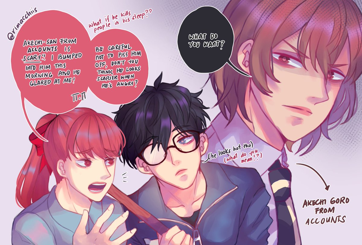 i love the janitor akira/ren and goro from accounts by @hephasst as well as the royal trio so this thing was born wherein the newbie bumps into goro and narrates what happened to the janitor that loves him :> #akeshu #Persona5Royal #P5R 