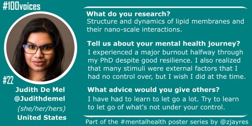 #22. Judith De Mel ( @Judithdemel) highlights that even by having built up good resilience, external factors that we have no control over can impact  #mentalhealth  . She talks about experiencing burnout half way through her PhD. #100voices  #AcademicChatter