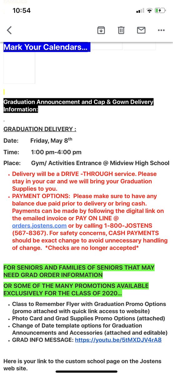 midview_2020's tweet photo. IMPORTANT INFORMATION FOR SENIORS: On Friday May 8th from 1-4 pm there will be a drive-through pickup for you to get your cap and gown. Please read carefully below!
https://t.co/3DgWgP9pDr https://t.co/qzBdDUo7Sj