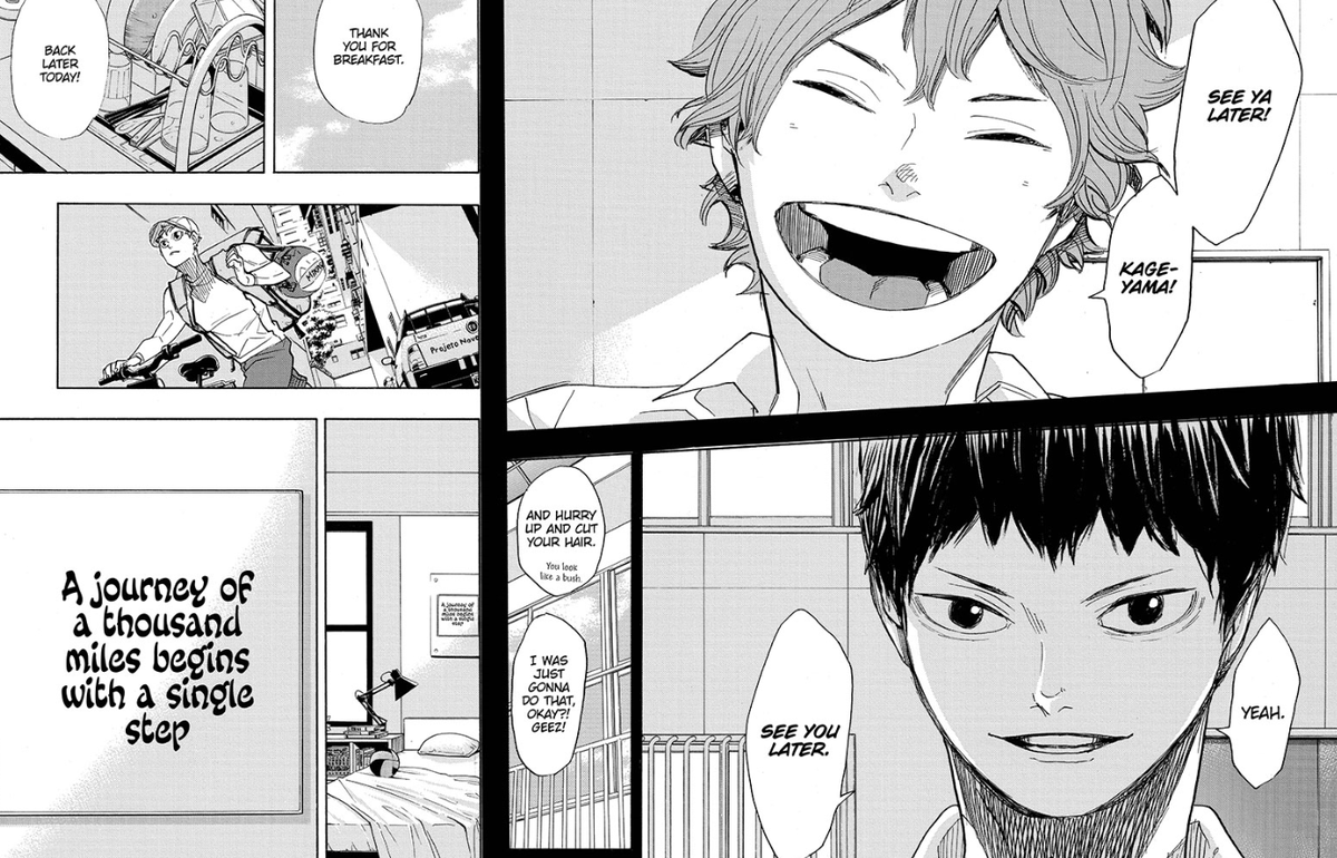 in ch 37 hinata repeats his vow to beat kageyama to be the strongest. it is the words kageyama tells him after that hinata keeps as a reminder over his bed while training in brazil.