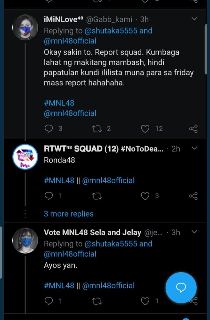 [HIGH TENSION ALERT]A concerned A'Tin notified us about the MNLoves' mass reporting plans to reduce or eradicate the bashers of MNL48. This is understandable as to protect their idols' image.Though it was not specified in these screenshots, it is known to [...] @SB19Official