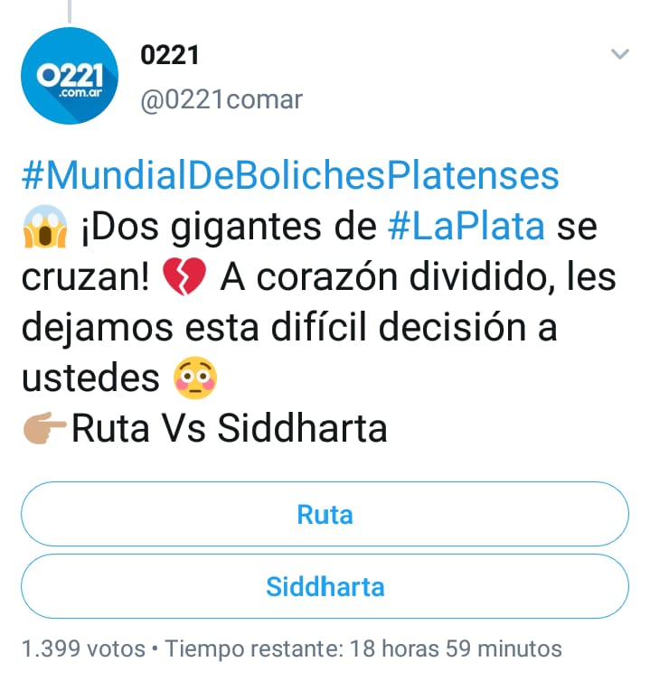 [#REDES] Una final para alquilar balcones: En la ciudad de La Plata se vive el #MundialDeBolichesPlatenses organizado por la radio 221Radio. Ambos boliches se disputan el podio. #Ruta (actualmente cerrado) y <a href="/Siddhartaclub/">Siddharta Club</a> icono de la noche y jóvenes platenses. ¿Quién ganará?