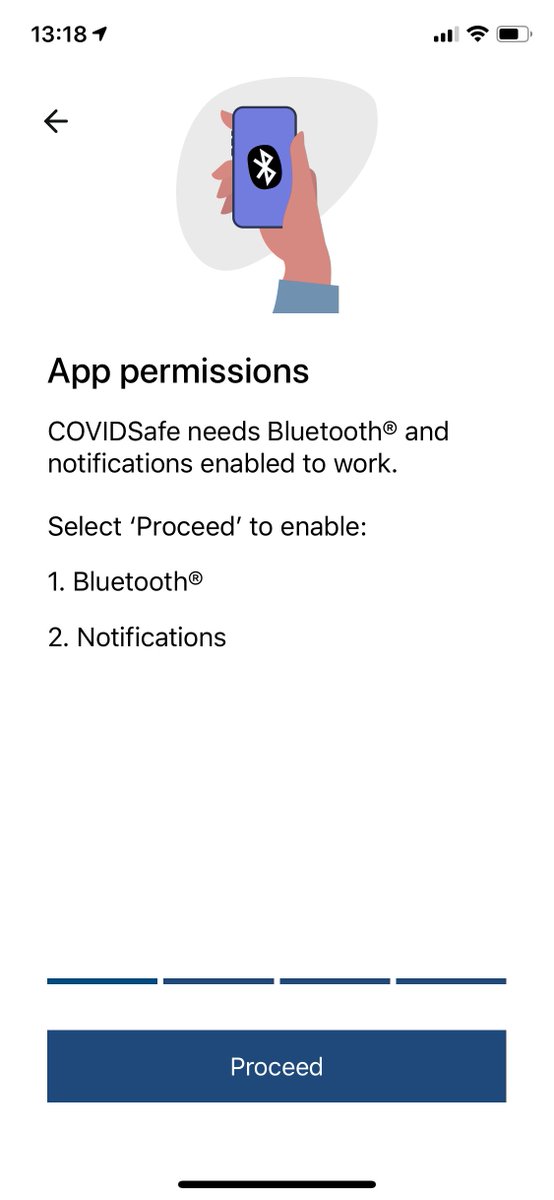 Next is the permissions requested and it's only Bluetooth and notifications. Some people have been concerned about location tracking - note that access to geolocation is *never* requested so  #covidsafe will never be able to access it (this is controlled at the operating system).