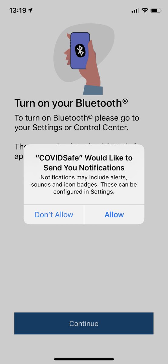 Next is the permissions requested and it's only Bluetooth and notifications. Some people have been concerned about location tracking - note that access to geolocation is *never* requested so  #covidsafe will never be able to access it (this is controlled at the operating system).