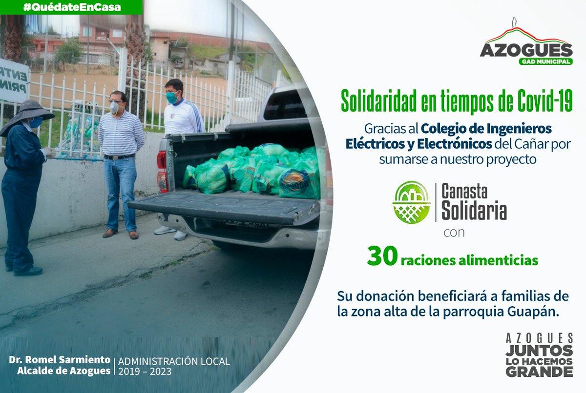 MAzogues's tweet photo. #QuédateEnCasa

📌 Agradecemos la donación por parte del Colegio de Ingenieros y Electrónicos del #Cañar a nuestro  proyecto "Canasta Solidaria". 🥫🍞

➡️ ¡Gracias por su aporte! 

#AzoguesJuntosLoHacemosGrande https://t.co/yEXs3442cu