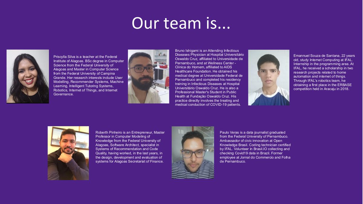 priscyllamss's tweet image. I have no words to express how amazing it was to participate in the @codethecurve  with this great team! It was a whole week without sleep, but it was worth it for all the learning! @pjveras @b_ishigami @rraraujop #emannuel
#CodeTheCurve #hackathon #covid19 #coronavirus #BotBR