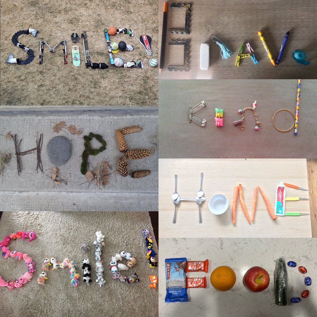 graf_johnstone's tweet photo. Love these found object assemblages that students @CalGirlsSchool created this week. Words of encouragement and words inspired by isolation. https://t.co/1ThqZkeBIo