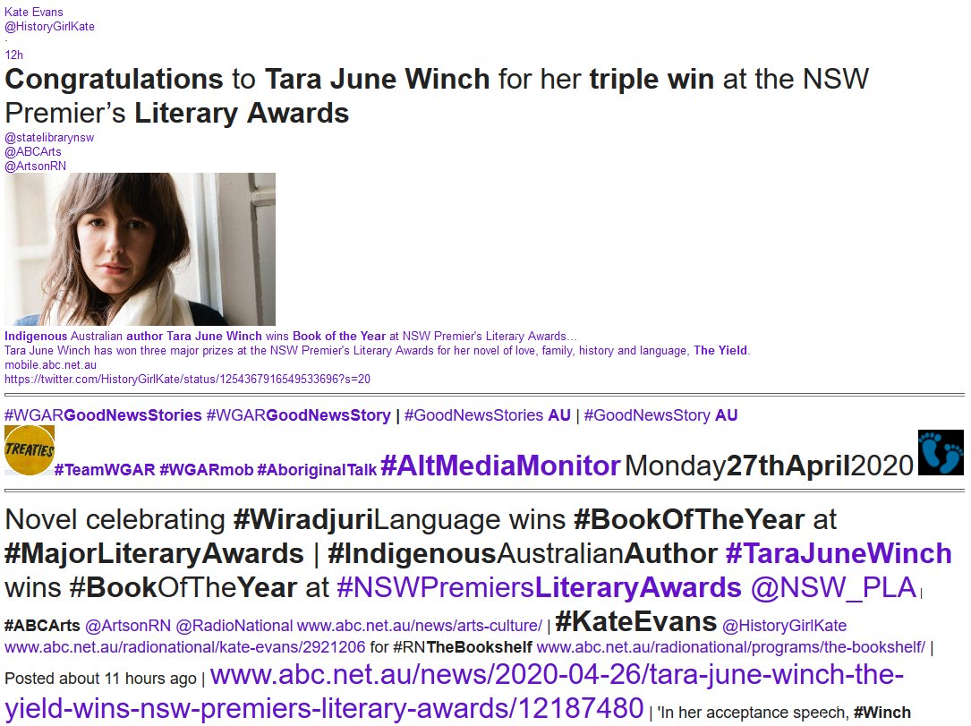 WgarNews's tweet photo. #WGARGoodNewsStories: #AboriginalAuthor #TaraJuneWinch wins #BookOfTheYear at #NSWPremiersLiteraryAwards | Novel #TheYield, Celebrating #WiradjuriLanguage Wins | #AboriginalWriter #TonyBirch Wins #IndigenousWritersPrize withNovel #TheWhiteGirl | 27Apr2020: https://t.co/IXlEfluE6z https://t.co/pc3b7MHlO3