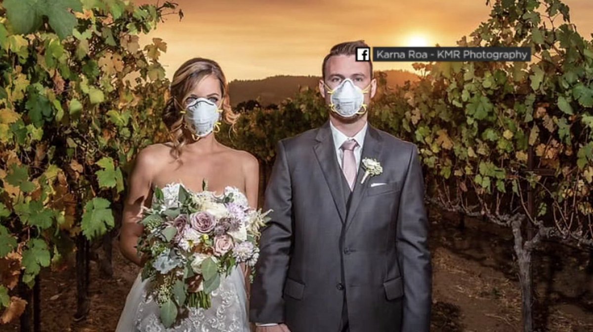 What a year it's been. Exactly 6 months ago we shared this photo of a couple that got married in the middle of the Kincade Fire. Wearing N-95 masks. Here we are today with couples getting married...while navigating a pandemic.  https://abc7news.com/kincade-fire-wedding-photo-goes-viral/5653780/ https://abc7news.com/society/sf-couple-gets-married-in-empty-church-with-more-guests-than-expected-amid-covid-19-pandemic/6131533/