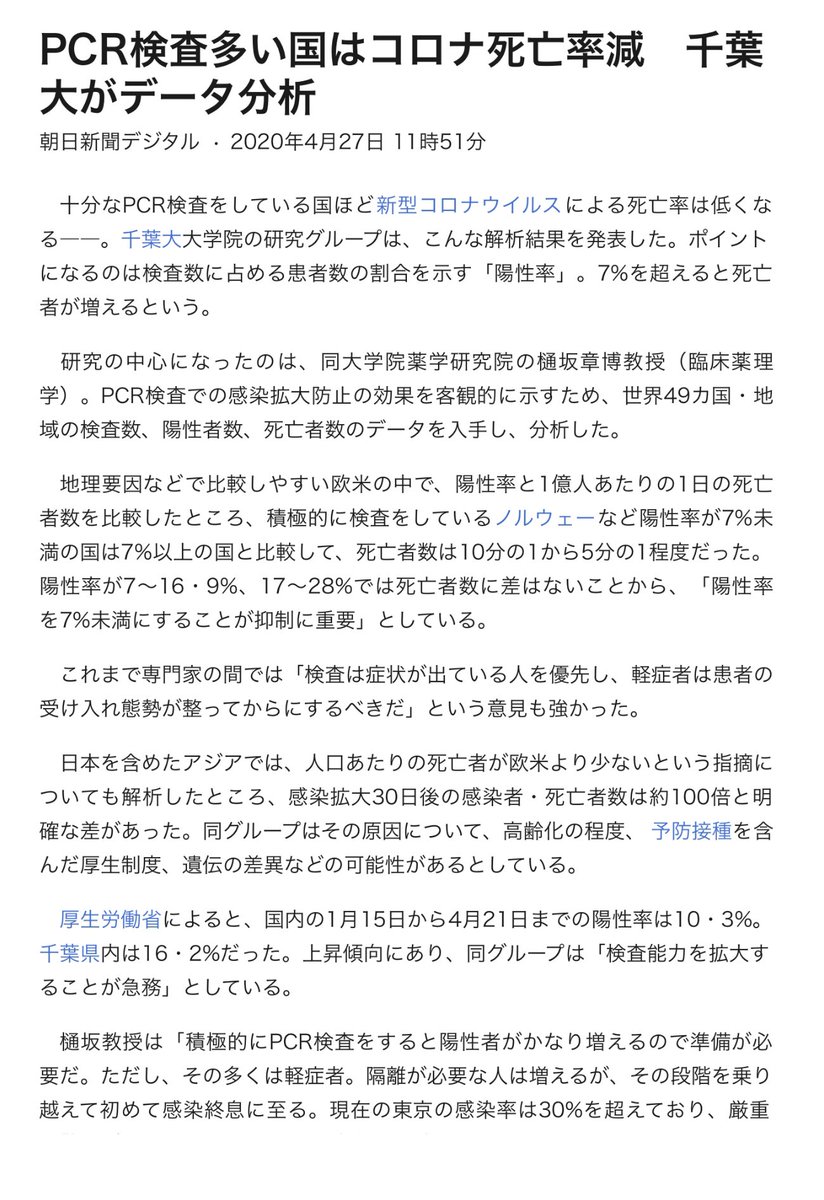 追記あり 東京の陽性率にだけ注目 Pcr検査多い国はコロナ死亡率減 千葉大がデータ分析 と朝日新聞医療サイト アピタル Togetter