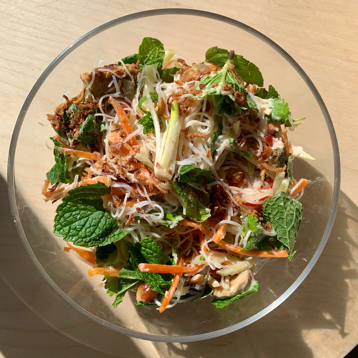 this is leftover salad but i bunged some more mint and some fried shallots in there to spruce her up