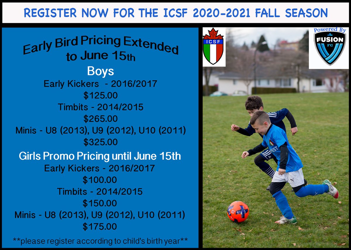 EARLY BIRD AND GIRLS PROMO PRICING EXTENDED TO JUNE 15th!!!! 
We are currently working hard to put together the teams for next season and assign coaches accordingly! Contact us!
Stay home, stay safe and be healthy!
#ICSF #soccer #youth #vancouver #newseason #registernow #future