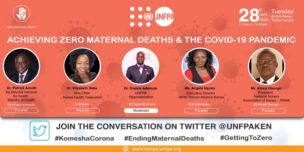 Join @DrPatrickAmoth the Ministry of Health Ag Director General’s  Twitter chat 🗣 w/@UNFPAKen 

Topic 
Achieving Zero Maternal Deaths & #COVID19 🦠

🗒Date: 
28th April 2020
⏰:
1100hrs to 1200hrs

#KomeshaCorona
#EndingMaternalDeaths
#GettingToZero