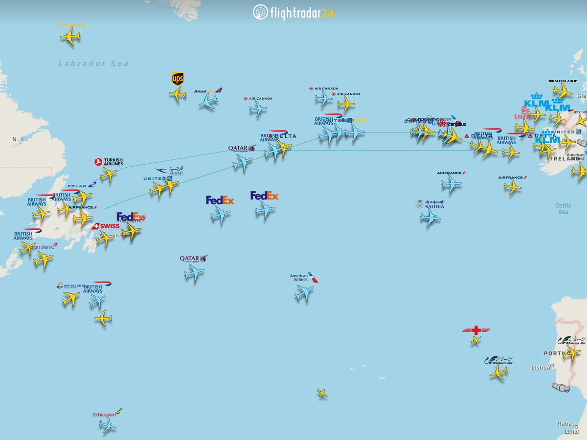 7 March vs 27 April, 04:00 UTC over the North Atlantic. 

Follow live transatlantic flights at flightradar24.com/52.71,-32.16/5.