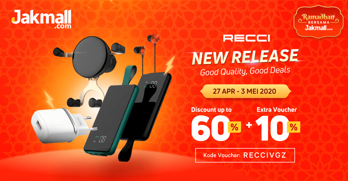 jakmall's tweet photo. Jakmalles, ada yang baru release produk baru nih di Jakmall! Yap, ada Recci si aksesoris gadget yang lagi diskon up to 60% + Extra 10% kalo belinya pake kode voucher RECCIVGZ.
_
Yuk belanja sekarang 👉 https://t.co/AzgdIbvFlg
_
#Jakmall #PastiUntung #Ramadhan #Recci https://t.co/THqKdWln8s