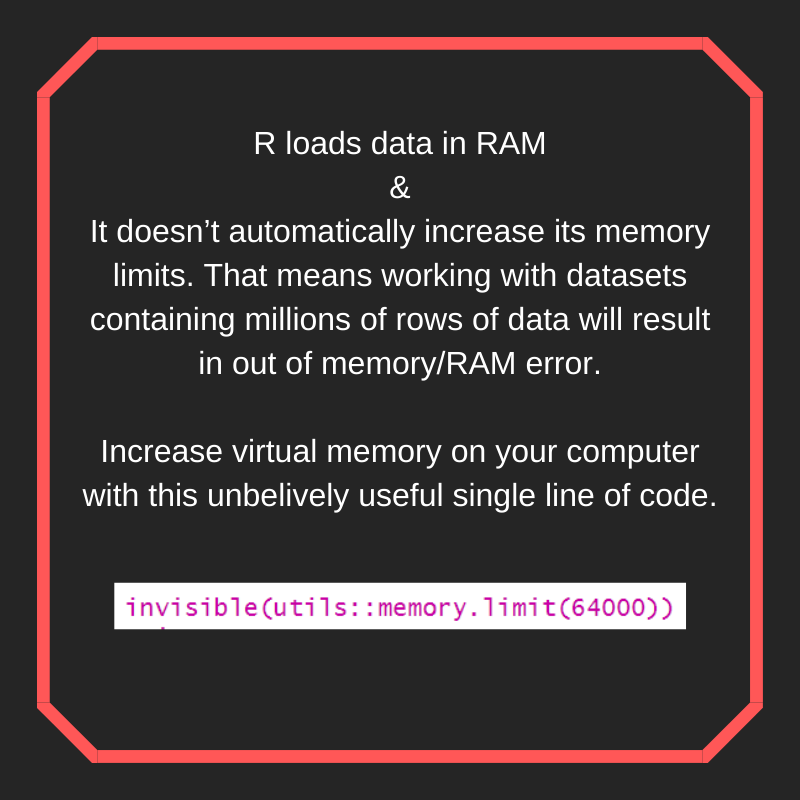 DataScience86's tweet photo. #R #Programming #Tip - R Loads data in #RAM and that can result into out of memory errors while working with large datasets. Fix the #memoryerror with unbelievably useful one line code. #DataScience #Tips #trick #rstats https://t.co/c9YNQdit0E
