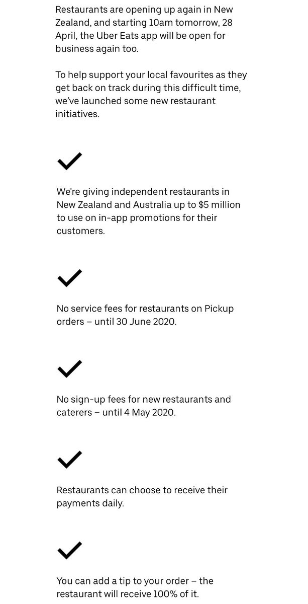 Email from Uber regarding tomorrow. No service fees. Meaning 15% of the order. Also you can tip restaurants directly. Would love to see the NZ media post about this?