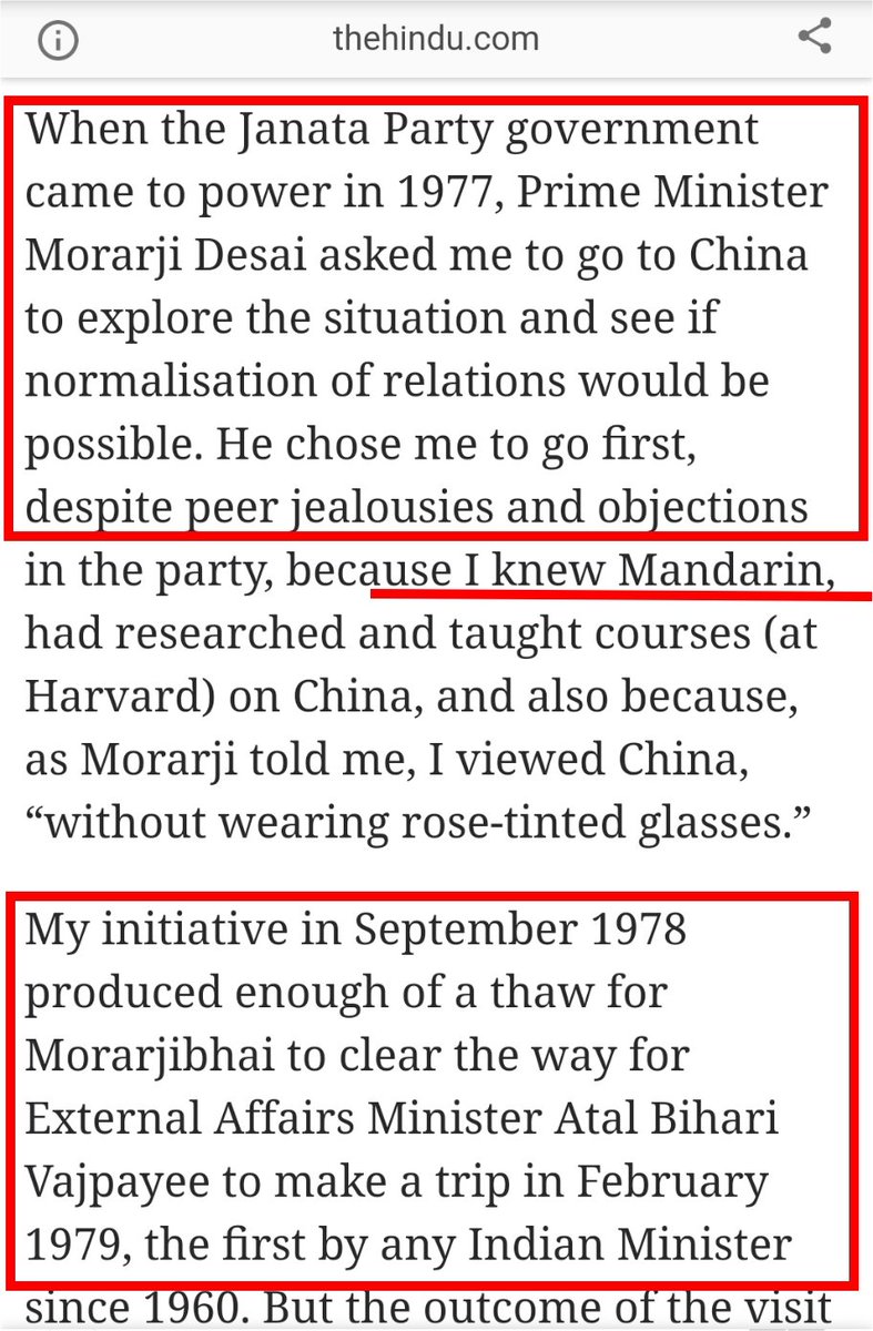 He wrote an article in Hindu newspaper to claim how he played an instrumental role in Indo-China relationships, how he was handpicked by Morarji Desai in 1977 to negotiate wid China.He arranged a visit to China for then External Affairs Min Vajpayee in 79 https://www.google.com/amp/s/www.thehindu.com/opinion/lead/Myth-and-reality-in-India-China-relations/article16882249.ece/amp/