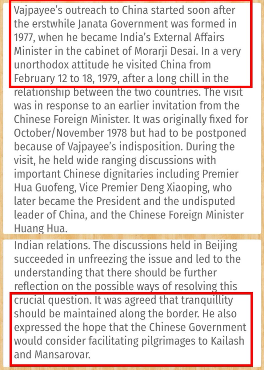 He clearly writes that after Atal Bihari Vajpayee was appointed as External Affairs Minister in 1977 in Morarji Cabinet, Vajpayee started his outreach to China on various issuesIn his visit to China in 79, Vajpayee discussed with Deng Xiaoping about opening of Kailash Mansarovar