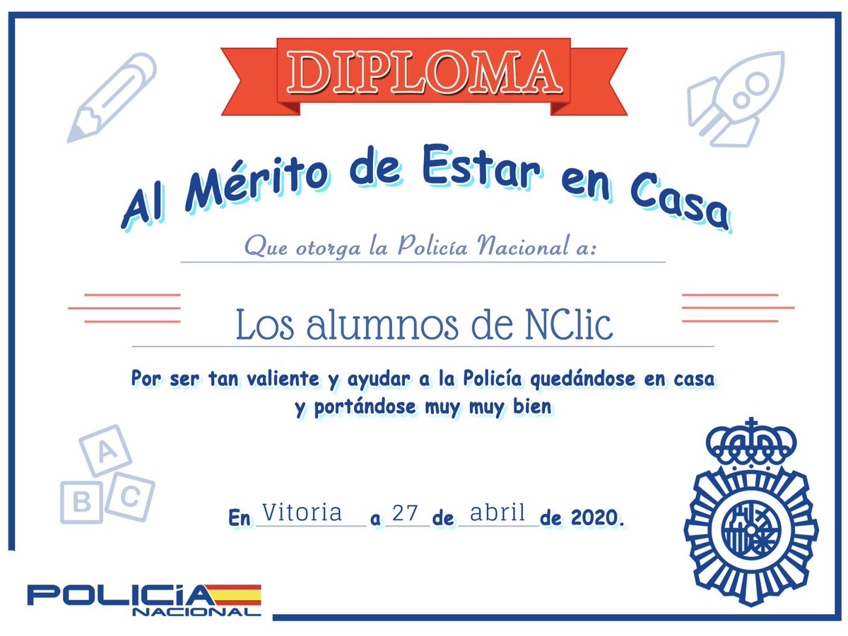 NClic's tweet photo. Después de más de un mes confinados en sus casas nuestros pequeños ya pueden salir a la calle, y nosotros queremos compartir este diploma que la @policia ha otorgado a los alumnos de #NClic por el gran comportamiento que han demostrado este tiempo 😀 

#YoMeQuedoEnCasa 🌈 https://t.co/BptnKWNH71
