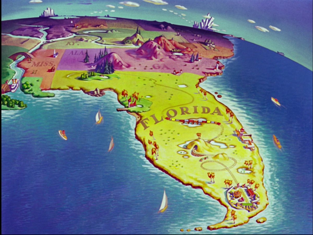 The second big example is when Mr Stork is on his cloud looking at a map that shows him where to deliver his baby, only to lower the map to reveal that the word "Florida" is literally etched into the real land mass below. Pure "Silly Symphony" logic, an old school visual gag.