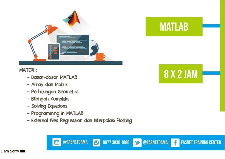 Buruan daftar kelas Matlab bisa ke Fasnetgama aja. Bareng teman kamu langsung buka kelas rame-rame juga bisa loh. Info lebih lanjut bisa hubungi WA: 087738301880 / Hubungi (0274) 530489