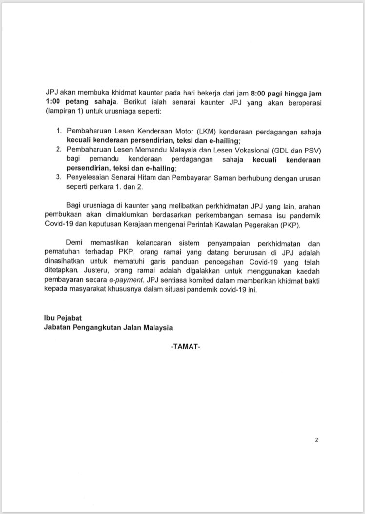 Bernama Tv On Twitter Pembukaan Khidmat Kaunter Jpj Bukan Bagi Kenderaan Persendirian Teksi Dan E Hailing