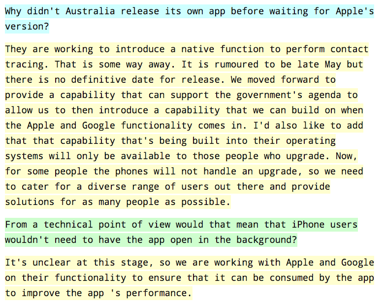 I'm adding this to this thread, as the context of the question is important. Clare was asking about the future API being developed by Apple and Google and whether it would allow background use of the app