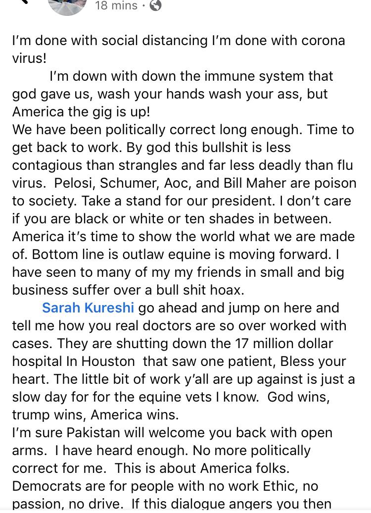 My wife, a physician, grew up in Okeechobee, Florida where she was one of the few Muslims at school. This is what her old friend just wrote on Facebook. He tagged her. He's a huge Trump supporter. Just read it please. A lot of "economic anxiety" right? Both sides...