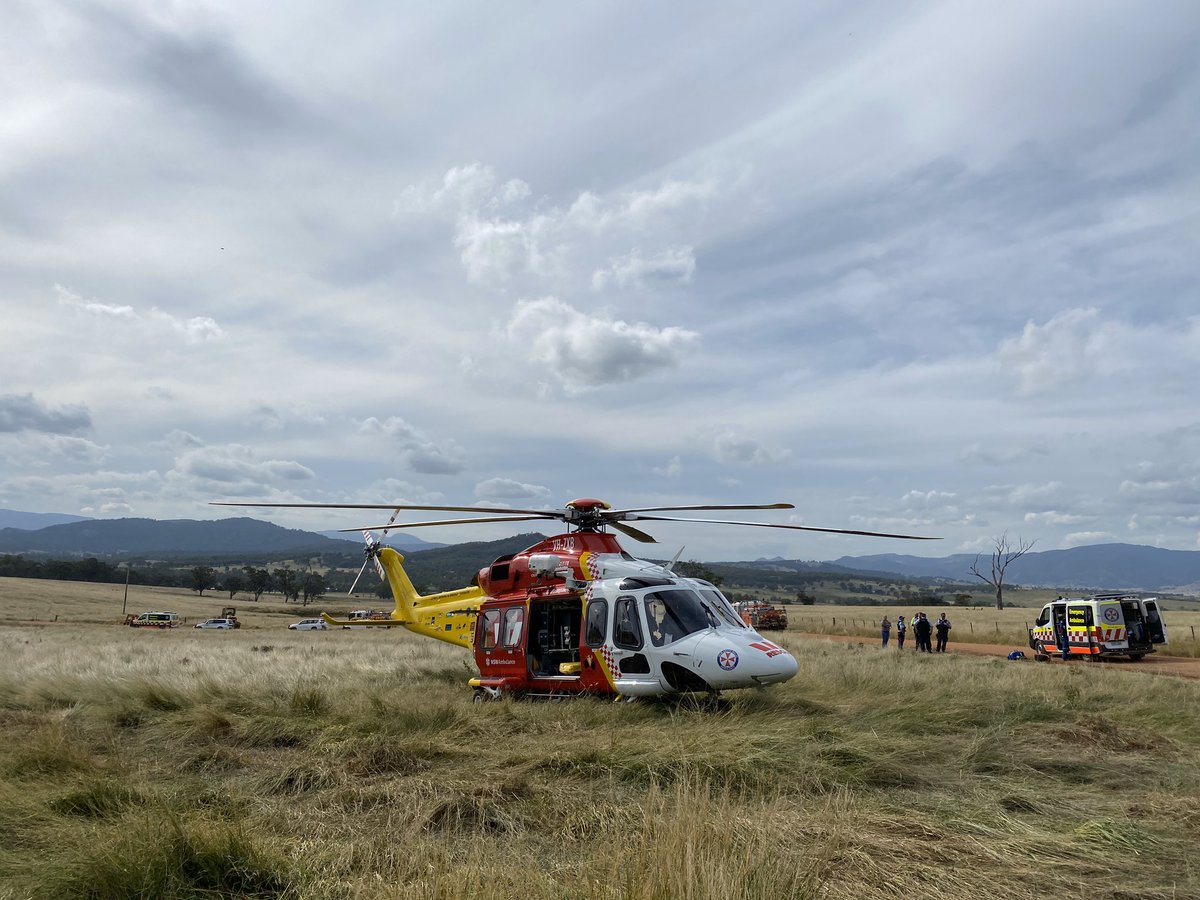 WRHS_official's tweet photo. The Westpac #RescueHelicopter on the scene of a vehicle rollover at #Moobi, on the outskirts of #Scone. A man was treated on the scene by @NSWAmbulance #Paramedics and @NSWHealth #Doctors before being flown to John Hunter Hospital #Newcastle. #HereForYou #StaySafe https://t.co/iu4V9mkVlR