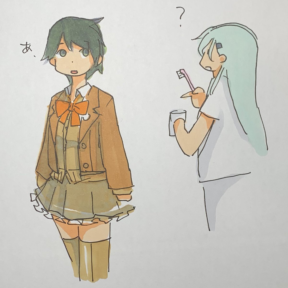 mogami (kancolle) ,suzuya (kancolle) multiple girls 2girls long hair toothbrush skirt jacket short hair  illustration images