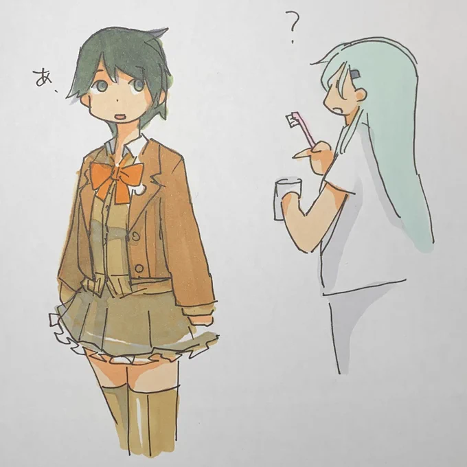 なぜかしれっと鈴谷の服を着てる最上んをなぜか描いた 