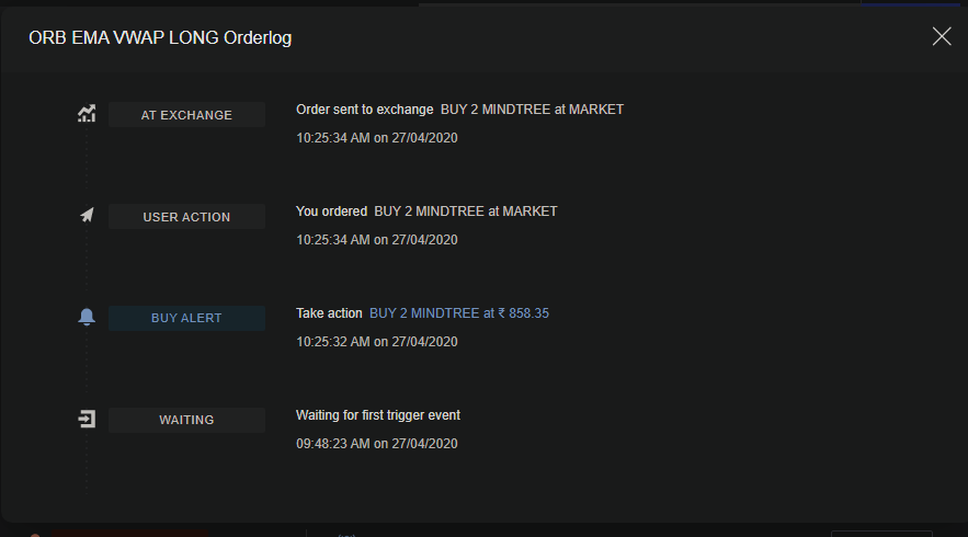 Update: The problem recurrs for multiple algos. Most of them get entry notification & orders are placed. But, order status isn't updated (though the execution is successful in kite & open position is created in Kite). On streak, it shows them under 'waiting' and not 'entered'