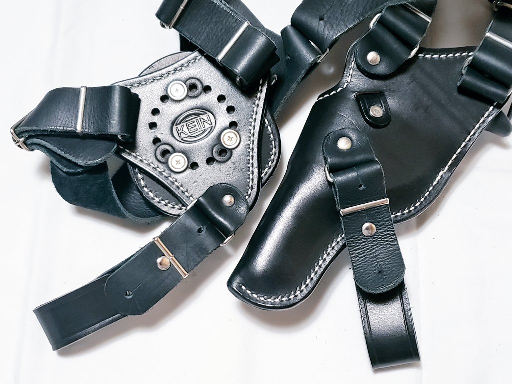 ☆革製 ショルダーホルスター＆ガンベルト？ 2点セット ジャンク 茶皮 カービング☆ Triple K Holster 中型オートマチック用 革製ショルダーホルスター