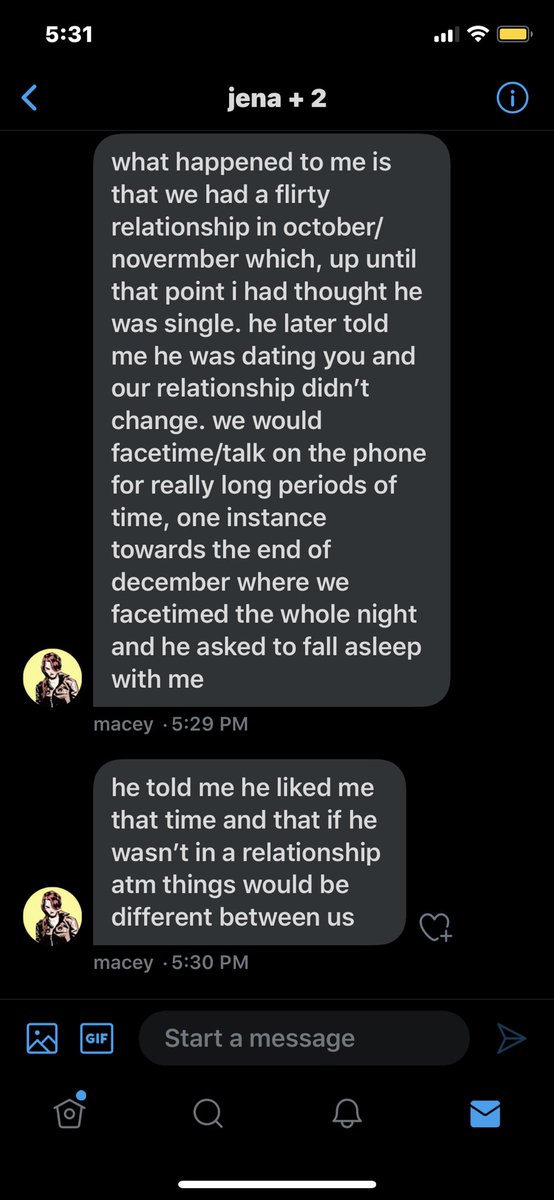 during november and december, up until new years. macey and javier had a flirtatious relationship i was not aware of. here are some of the things that occurred between the two of them. javier had told macey that i was aware of everything though.
