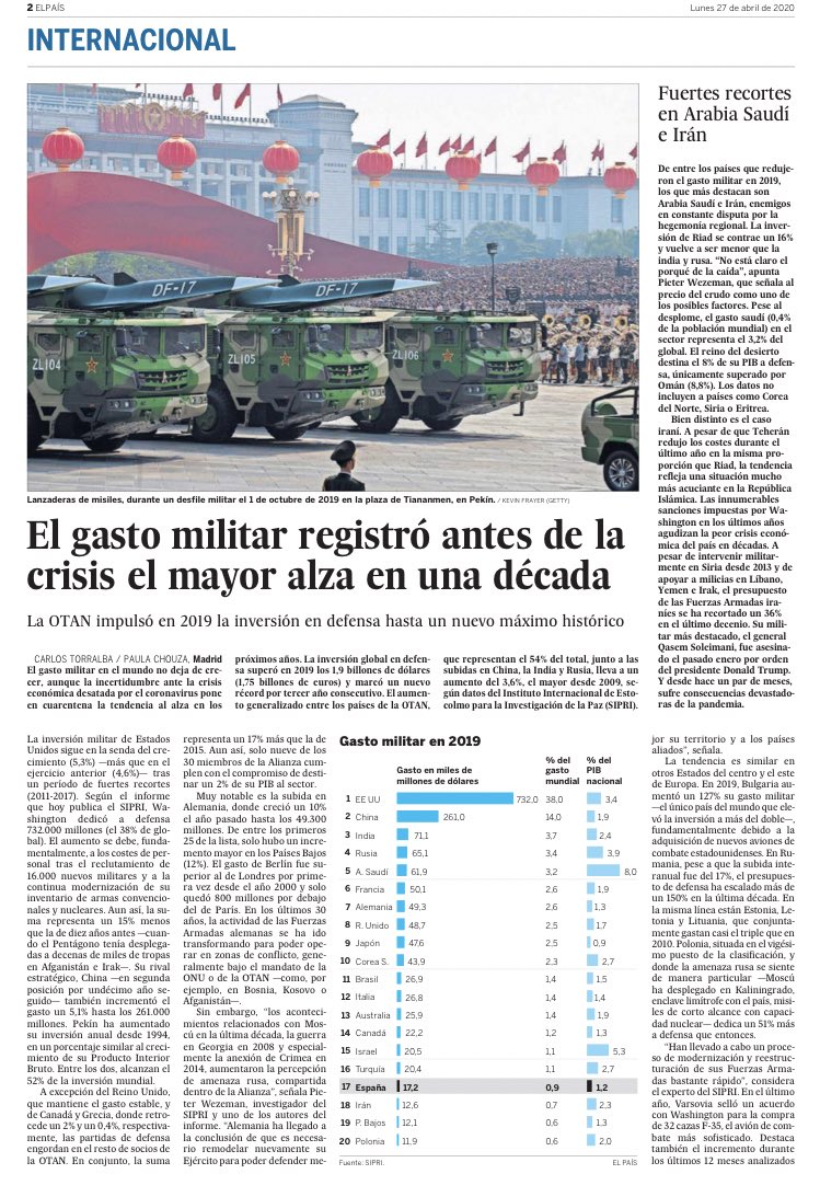 Cuando intentan vendernos la militarización como sinónimo d seguridad humana, queda en evidencia q ante ls retos actuales ls gastos q deben aumentarse son el científico, sanitario y social. 

Los submarinos, portaviones, cazas y ejércitos sobredimensionados no curan pandemias.