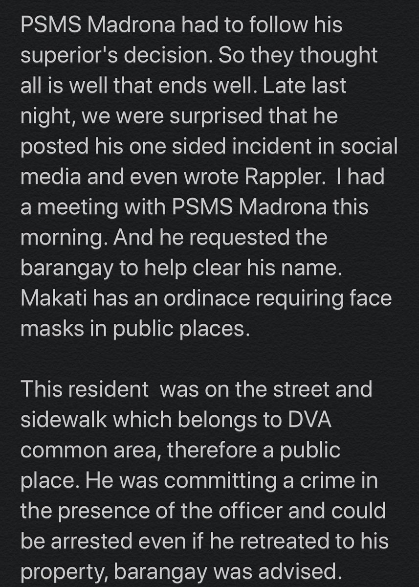 READ: Official statement of Dasmariñas Brgy Captain Rosanna Hwang defending Makati police officer Roland Madrona. Says foreigner verbally assaulted, pointed dirty finger and resisted arrest. Says “resident was in the sidewalk, a public place.” | via  @iamkarendavila
