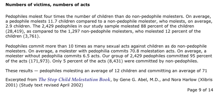 (10/13) This one, from his book from 2002. This shows that pedophiles (sex of target unclear) had an average of 12 victims. This was from a study involving 2,429 subjects - much larger than the 1987 study cited in Lanning's book.