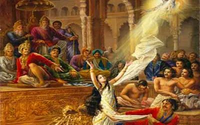 Then to the horror of everybody present there, Duryodhan ordered Dushashan to disrobe Draupadi in front of all. And Dushashan tried to disrobe Draupadi of his Sari. Helpless Draupadi prayed to Lord Krishna to protect her. Lord Krishna saved Draupadi thru a miracle. @punarutthana