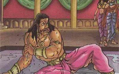 The moment Duryodhan entered the palace he encountered an atmosphere of mystery. The courtyard was divided in two parts. The surface of one part appeared to ripple like the surface of a lake.And finally Duryodhan falls into a water pond that otherwise appeared like a solid.