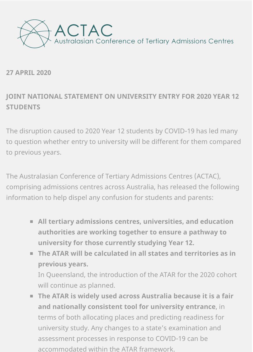 BeyondGrammar's tweet photo. National statement in relation to tertiary entry for year 12 students released today. Thank you to @vtacguide for keeping us up to date. @UQ_News @qutnews @Griffith_Uni @Profagriffiths @ABC 
#goingtouni #university #study https://t.co/8URCflPW27