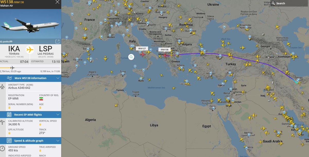 Another flight of Mahan Air from Iran to Venezuela with cargo and personnel for the repair of the Venezuelan refineries, fifth known in row. One A340 flight from Tehran to Las Piedras and previous flight return from Venezuela to Iran