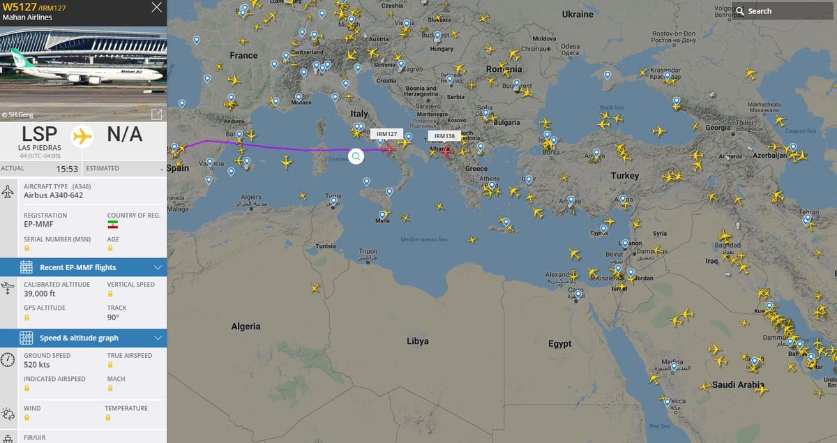 Another flight of Mahan Air from Iran to Venezuela with cargo and personnel for the repair of the Venezuelan refineries, fifth known in row. One A340 flight from Tehran to Las Piedras and previous flight return from Venezuela to Iran
