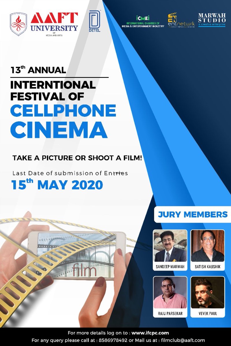 aaftindia's tweet image. 13th edition of International Cell Phone Cinema has been announced for all the filmmakers. Please submit your entries before 15th May. #IFCPC #cellphonecinema #Mobilefilms #karlbardosh #Satishkaushi #vivekpaul #rajuparsekar #AAFT