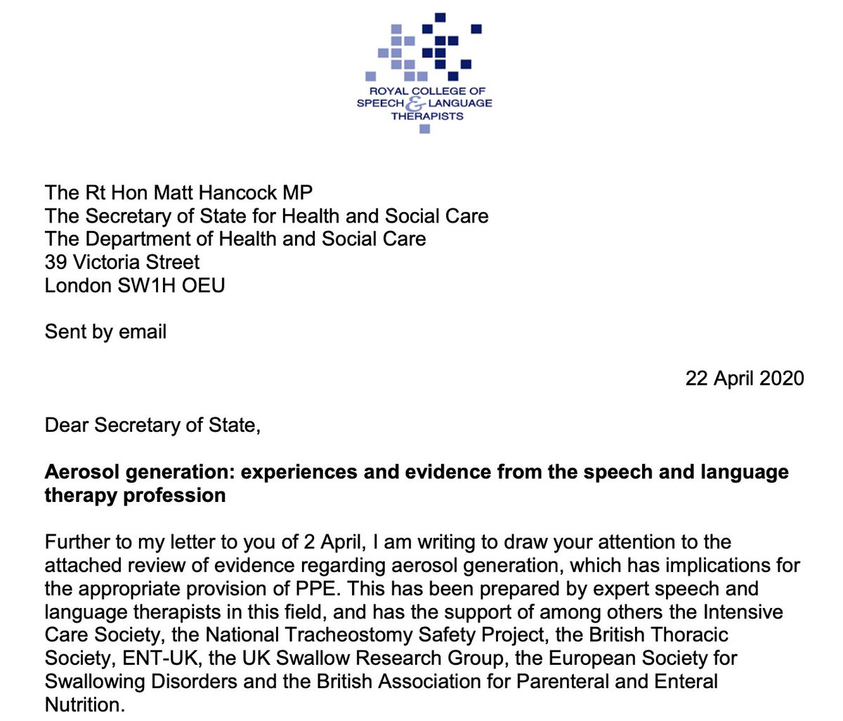 Last week  @RCSLT Chief Executive  @KGadhok sent  @MattHancock an evidence base highlighting why  #dysphagia assessments should be considered an aerosol generating procedure:  https://bit.ly/2VDiQB3   https://bit.ly/2W5aUI1   https://bit.ly/2VDja2J   #COVID19  #COVID19SLTs  #AGP  #PPE