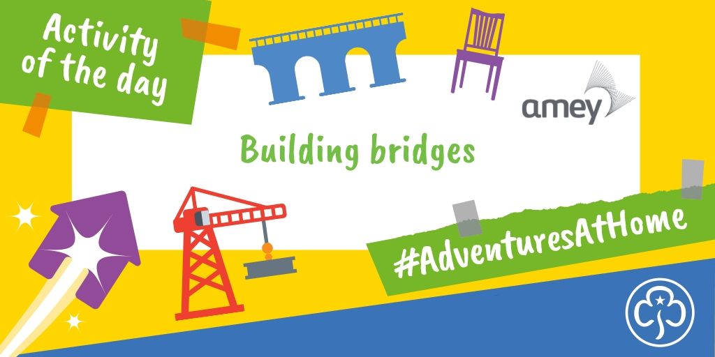 Girlguiding's tweet photo. 🌉 Our friends @Ameyplc are great at designing and maintaining bridges!

Place two chairs apart (or anything to form your a bridge base) and use different materials (clothes, boxes) to bridge the gap.

🔨 Can you create a bridge strong enough to roll a tin over it? Share yours! https://t.co/K76YvqNgX8