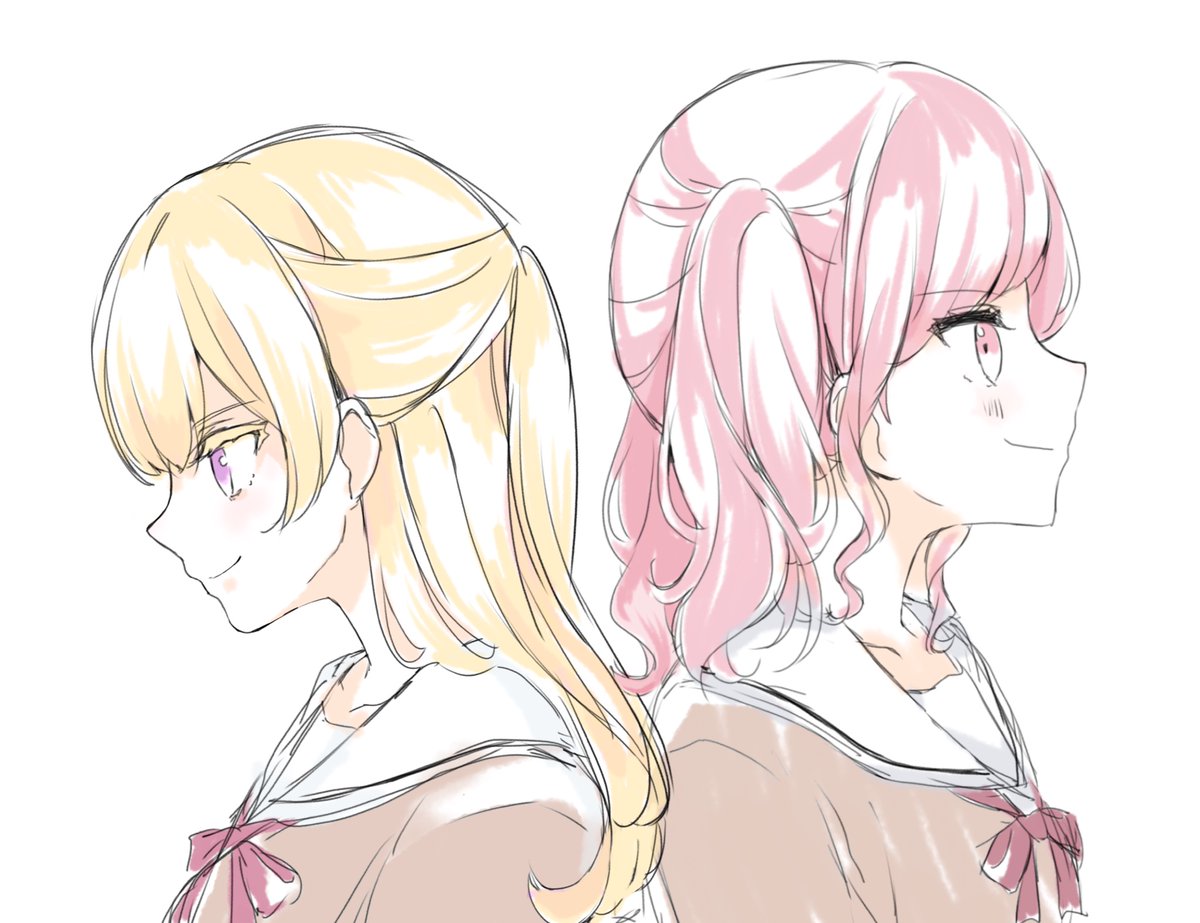 maruyama aya ,shirasagi chisato hanasakigawa school uniform multiple girls 2girls pink hair blonde hair ribbon smile  illustration images