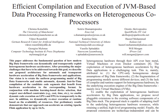 snatverk's tweet photo. Paper about the #E2Data Project in DATE 2020 -
"Efficient Compilation and Execution of JVM-Based Data Processing Frameworks on Heterogeneous CoProcessors"
Preprint here: https://t.co/CTNuXb3wdZ https://t.co/bEvCMsXrLi