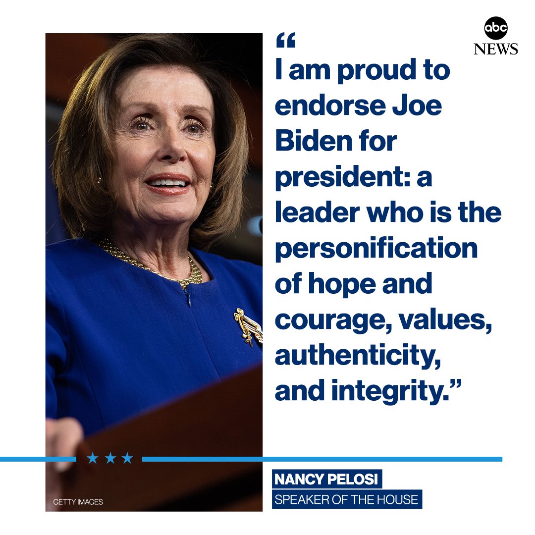 House Speaker Nancy Pelosi endorses Joe Biden, saying he would be "an extraordinary president."  http://abcn.ws/3bGPaJ3 